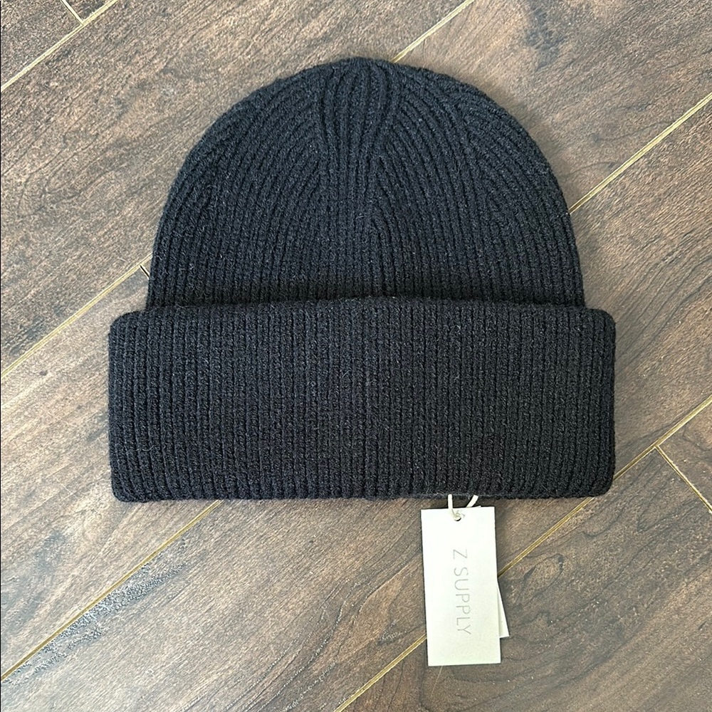 Z Supply Black Ribbed Knit Beanie with Folded Cuff